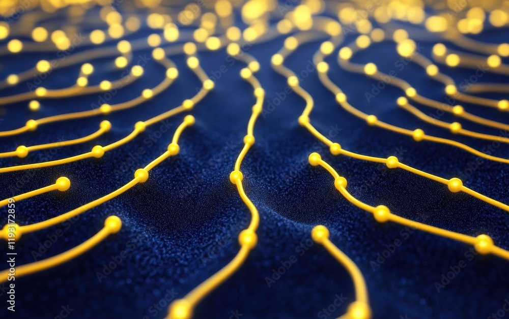 Poster abstract visualization of golden pathways on a dark background, representing connectivity and techno