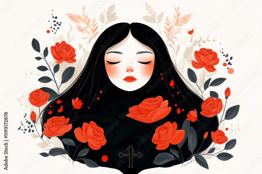 Poster a whimsical drawing of a vampire sleeping in a coffin surrounded by roses, with clean, simple shapes