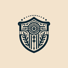 Vintage Classic Floral Shield Roman and Greek Line Drawing Style Logo Design, T-shirt and Streetwear