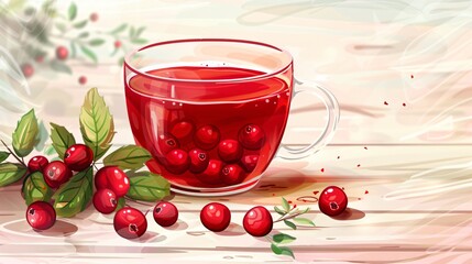 Delicious Cranberry Tea in Glass Cup with Fresh Berries, Warm and Inviting Beverage Concept
