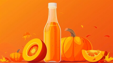 Delicious Pumpkin Juice in Glass Bottle with Freshly Cut Pumpkin, Autumn Beverage Concept