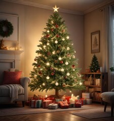 A beautifully decorated Christmas tree in a cozy living room with soft lights and ornaments, lovely holiday decor, soft lights