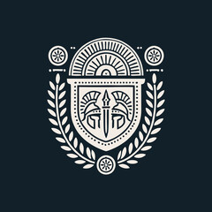Vintage Classic Floral Shield Roman and Greek Line Drawing Style Logo Design, T-shirt and Streetwear
