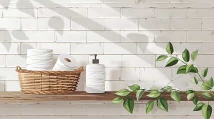 Wicker Basket with Toilet Paper Rolls and Green Leaves Cotton