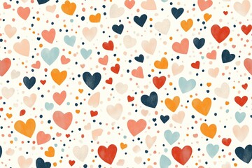 A charming Valentine’s Day illustration featuring a scattered confetti pattern of hearts in various colors including orange, peach, blue, and red.