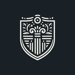 Vintage Classic Floral Shield Roman and Greek Line Drawing Style Logo Design, T-shirt and Streetwear