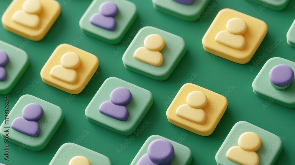 Poster colorful user icons arranged in a grid pattern on a vibrant green background, ideal for representing