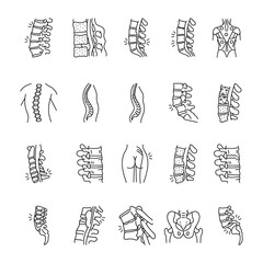 Diseases of the spine color line icons set.
