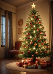 A beautifully decorated Christmas tree with ornaments and a warm glow, cozy ambiance, snugness, tree