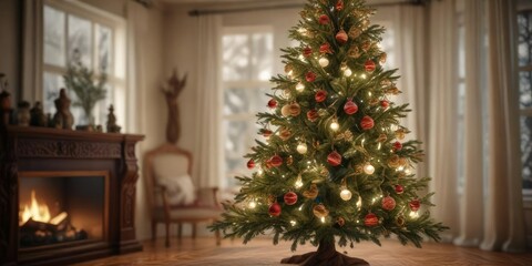 A beautifully decorated Christmas tree with intricately carved wooden branches and shining glass ornaments , glass ornaments, festive atmosphere