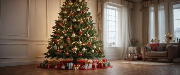 A beautifully decorated Christmas tree with ornaments and garlands, sparkling lights, holiday season
