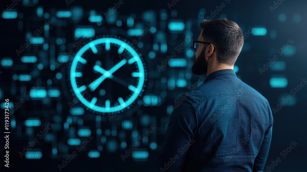 Poster man with glasses stands in front of glowing digital clock, contemplating time and technology. futuristic background enhances atmosphere of innovation and progress