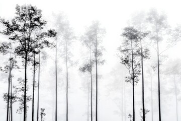 Fog envelops tall trees, creating a serene and mysterious atmosphere in a natural landscape.