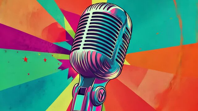 Pop art Microphone. Colorful background in pop art retro comic style. Pop art animation video.
