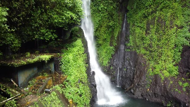 The drone view of Pete Waterfall in Banyumas Regency, Central Java, Indonesia. It was taken on January 13, 2025 by a professional. It's a wonderful landscape with a nice view