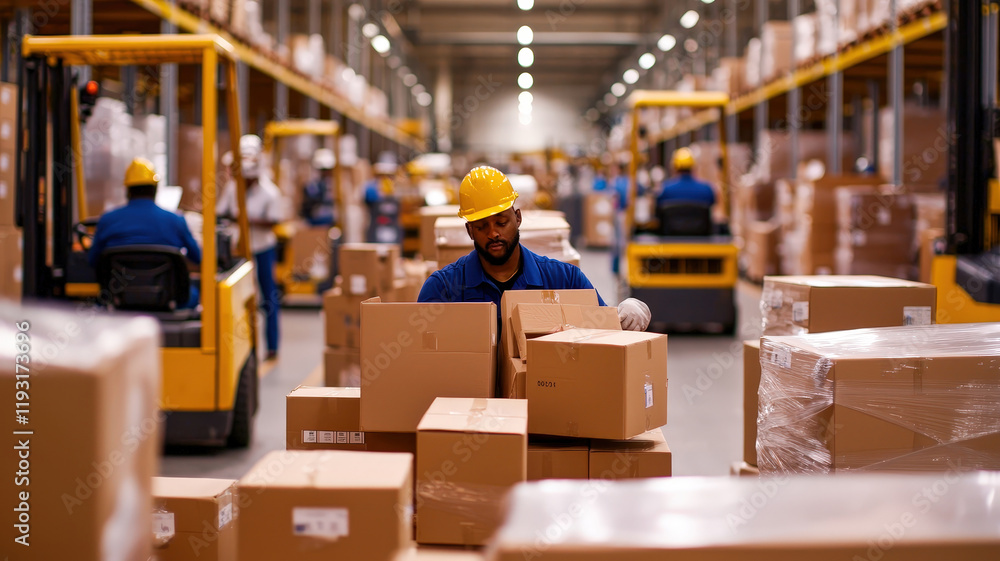 Poster a busy warehouse scene with workers handling boxes and forklifts moving through aisles.