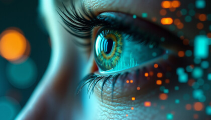 A close - up view of a human eye with digital graphics.