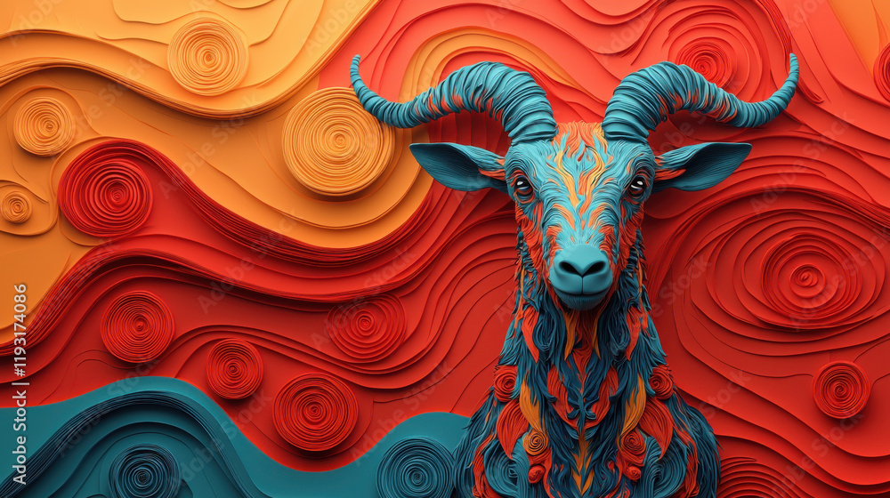 Poster vibrant 3d capricorn goat design with colorful swirls and textures. this artistic representation sho