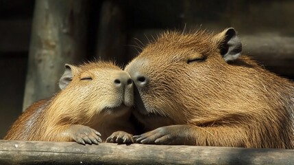 Two capybaras cuddling affectionately.