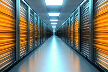 Fototapeta premium Futuristic data center hallway featuring rows of glowing storage units and sleek lighting, conveying high-tech efficiency.