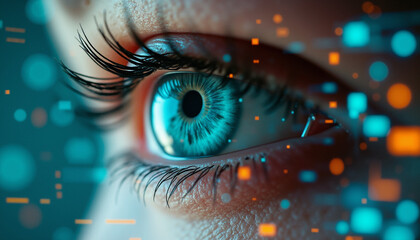 A close - up view of a human eye with digital graphics.