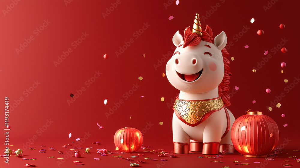 Poster 3d smiling unicorn figurine in red and gold, celebrating with lanterns and confetti. joyful represen