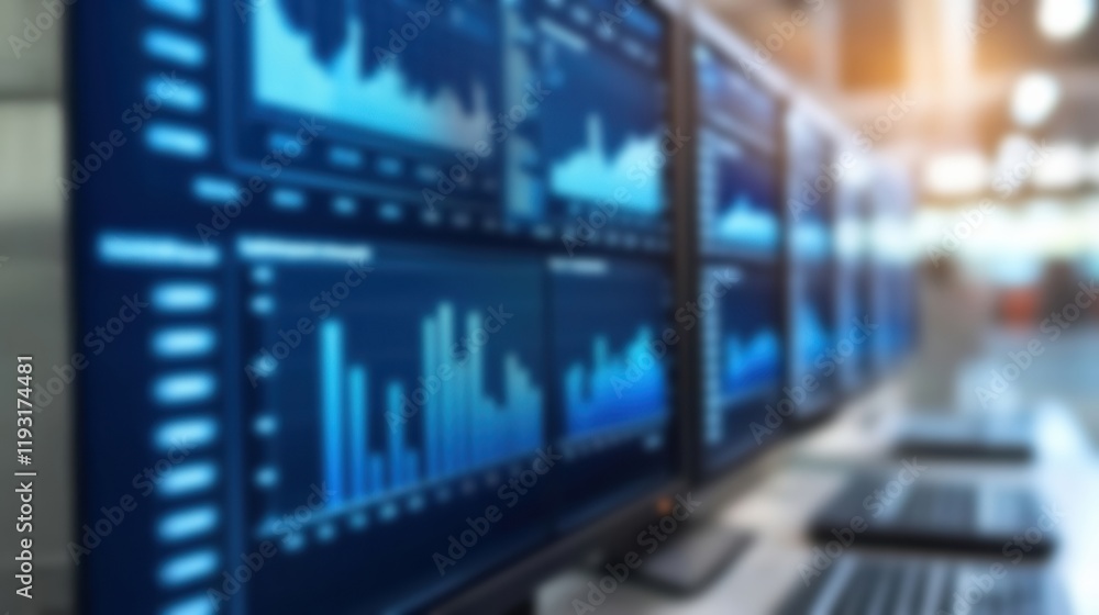 Poster dynamic financial charts displayed on multiple monitors, illustrating market trends and data analysi