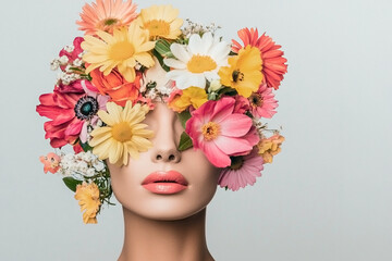 Woman hiding her face with colorful flowers creating a surreal atmosphere