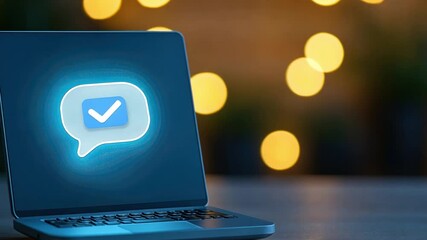 A glowing chat icon on a laptop screen with blurred background.