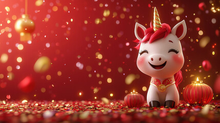 Cute 3D smiling unicorn in red and gold, surrounded by festive decorations and lanterns, exuding joy and celebration. Perfect for festive themes and celebrations