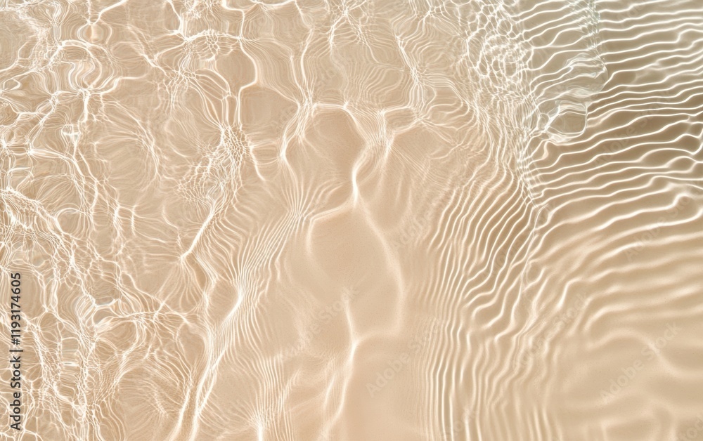 Poster close-up of gentle water ripples creating mesmerizing patterns on a soft sandy surface under bright 