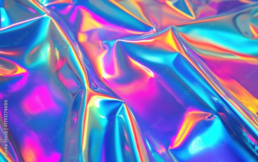 Poster colorful iridescent foil texture with shiny waves creating a vibrant and captivating visual effect.