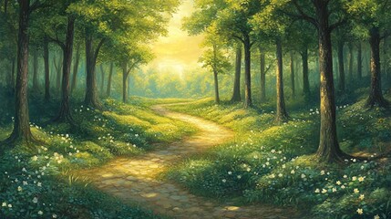 Obraz premium Sunlit path winding through a lush green forest with wildflowers.