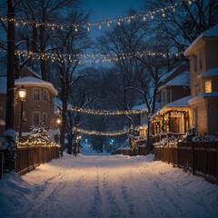 A snowy street with houses adorned in Christmas lights.