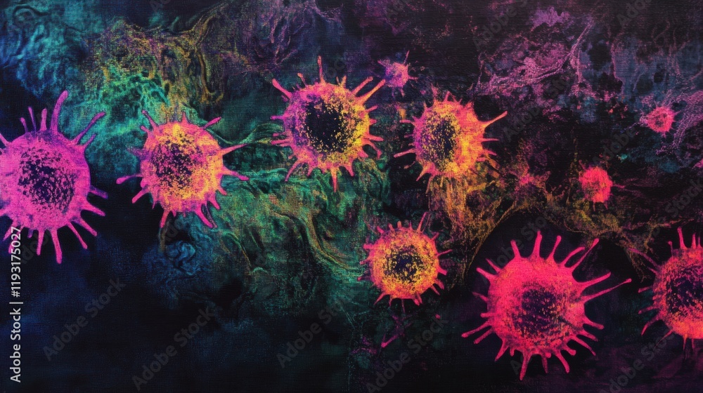 Aufkleber magnified view of colorful viruses in a scientific style revealing intricate details and vibrant hue