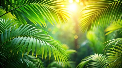 Obraz premium Lush Green Palm Fronds Bathed in Sunlight, a Vibrant Tropical Paradise Scene