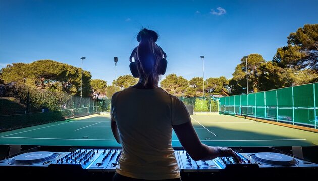 Generated image A view of the DJ&rsquo;s silhouette from behind, with the padel court and surrounding environment 