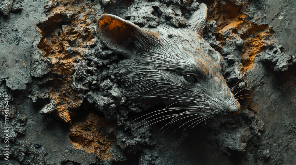 Poster detailed 3d rat illustration symbolizing rat zodiac, featuring intricate textures and unique design.