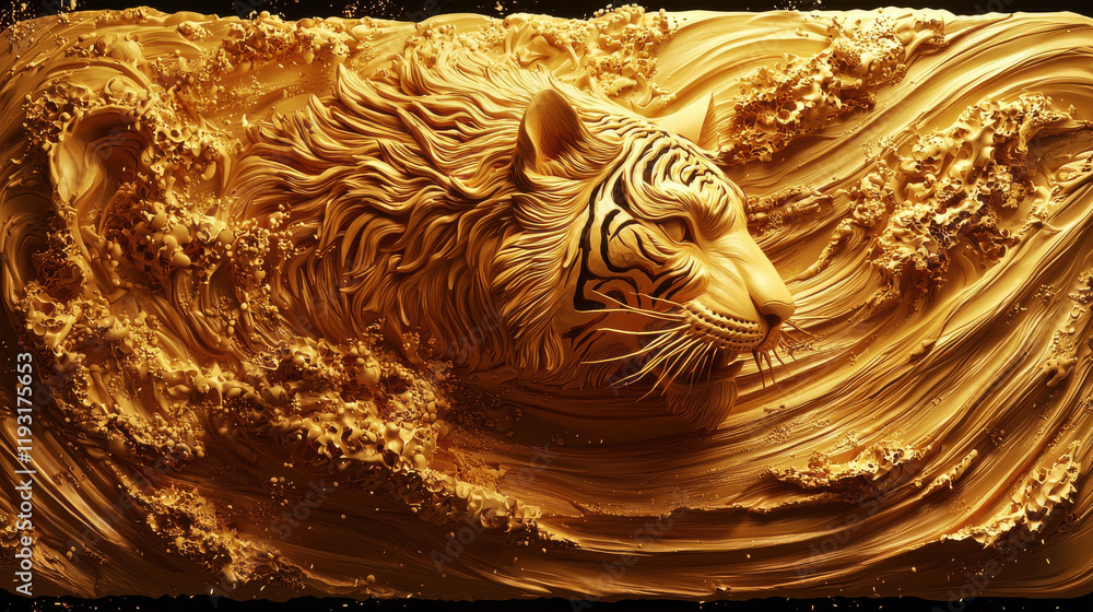Poster detailed 3d illustration of tiger, symbolizing strength and power, crafted in golden texture with fl