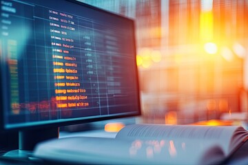 project timeline displayed on glowing monitor with blurred planner book in foreground