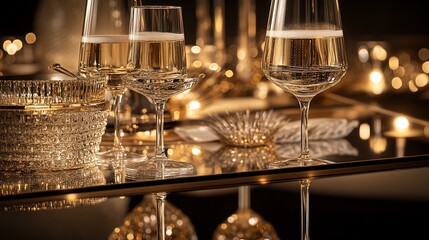 Sparkling wine glasses on a table with festive lights.