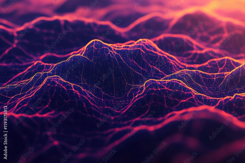 Poster futuristic abstract landscape with glowing lines depicting waves of energy and dynamic movement in v