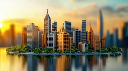 Fototapeta premium Sunset Cityscape: A Miniature Metropolis at Golden Hour