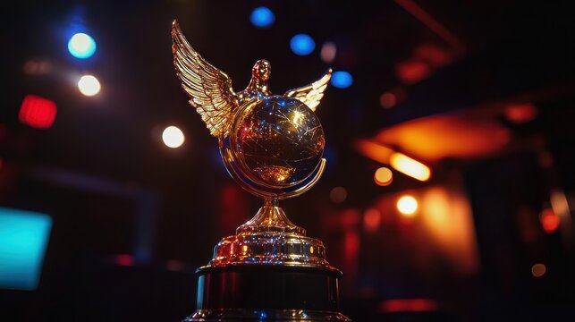 A shining Emmy trophy with its iconic winged woman holding a globe, on a dark stage.