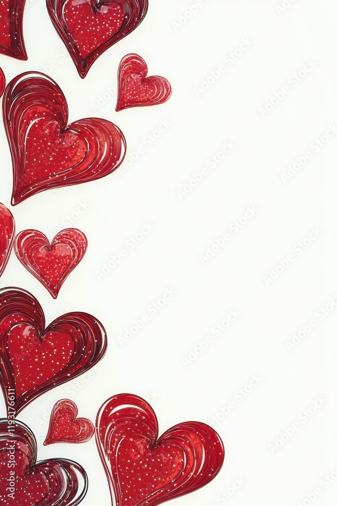 Poster a vibrant array of red hearts cascading on a white background, perfect for expressing love and affec