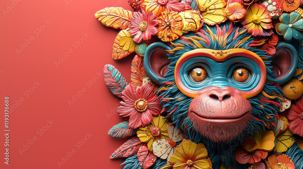 Poster vibrant 3d monkey with detailed clay texture surrounded by colorful flowers, showcasing playful expr