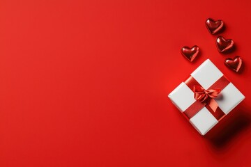 A festive gift box with a red ribbon sits on a vibrant red background, accompanied by shiny red heart-shaped decorations.