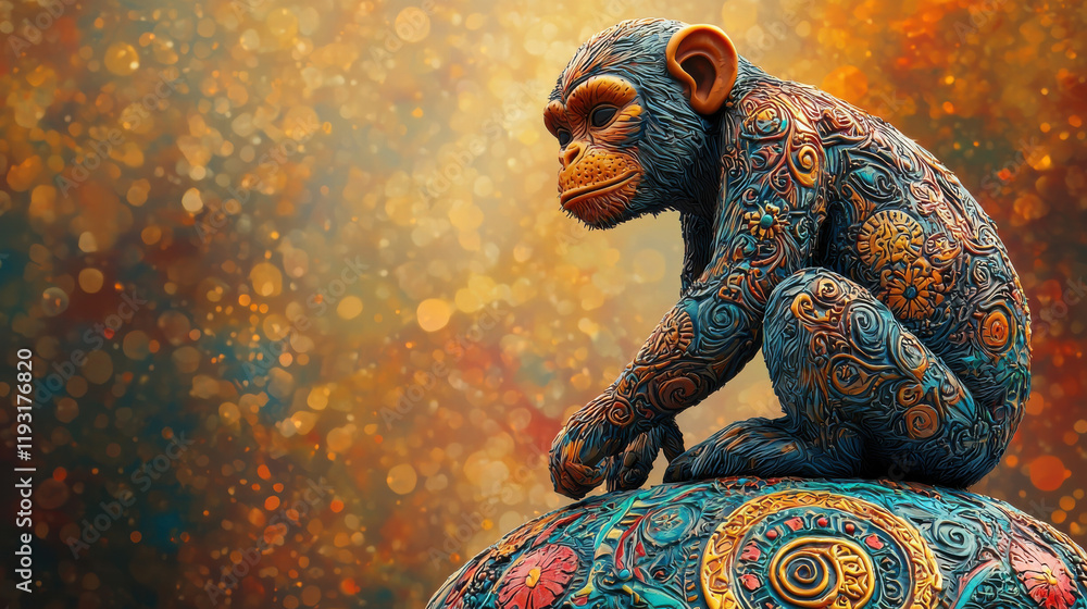 Aufkleber Vibrant 3D monkey design symbolizing zodiac sign of monkey, featuring intricate patterns and colors against warm, bokeh background