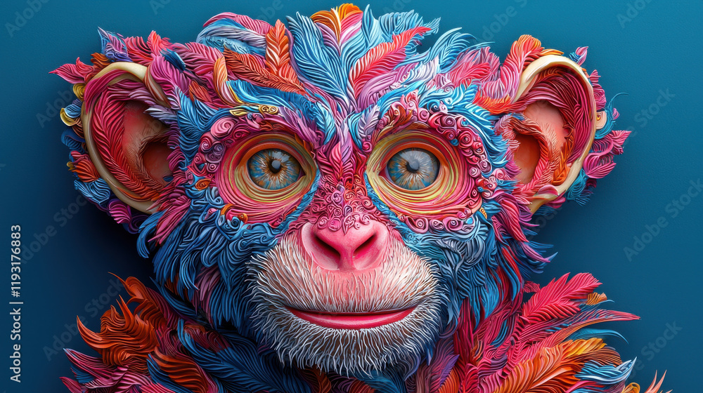 Poster vibrant 3d monkey design with colorful feathers, symbolizing zodiac sign of monkey. this artistic re