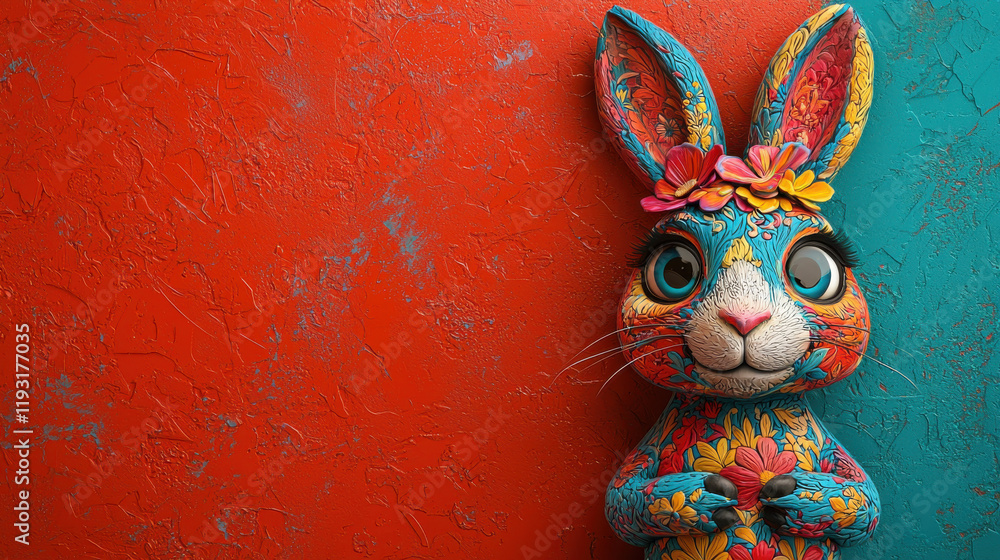 Poster vibrant 3d rabbit design for rabbit zodiac, featuring intricate floral patterns and bright colors, e